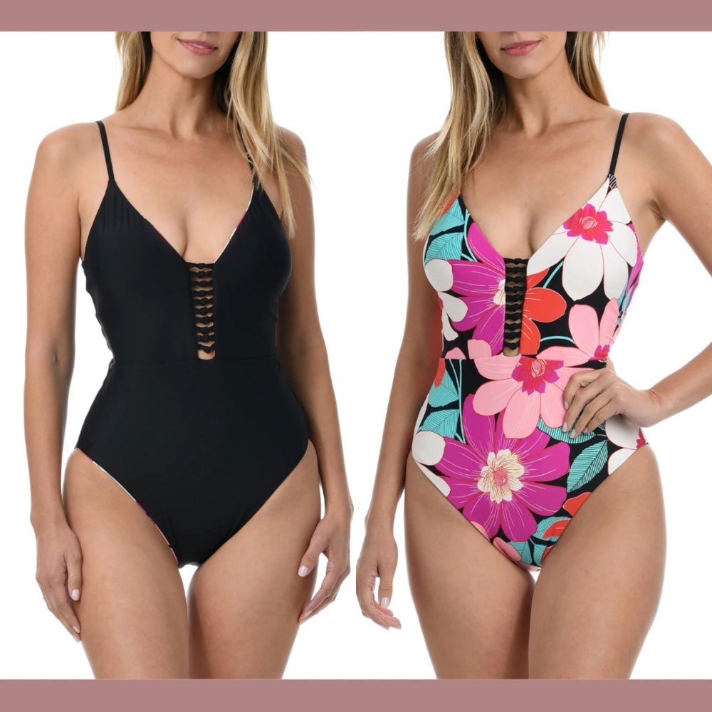 NWT $130 La Blanca [ 10 ] Bloom Reversible One-Piece Swimsuit in‎ Black/Pink